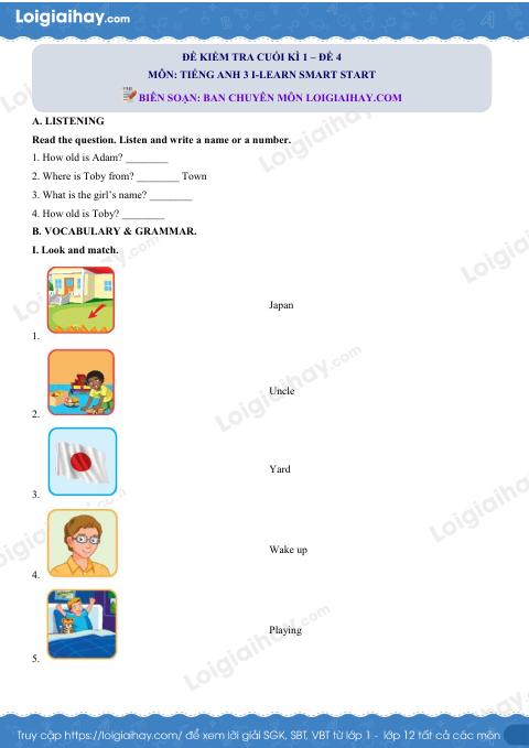 Đề thi học kì 1 Tiếng Anh 3 iLearn Smart Start - Đề số 4